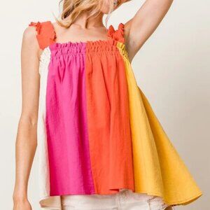 BiBi Frill Shoulder Strap Color Block Bodice Top